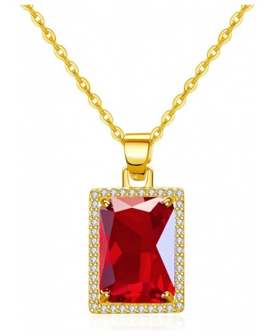 Rectangle Gemstone Pendant Necklace Ruby Crystal & Created-Emerald Birthstone Necklace 18" with 2" Extender 18K Platinum Gold...