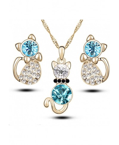 Women Elegant Cat Necklace Earrings Set Jewelry Blue Crystal Pendant for Teens Girl Wedding Party Jewellery Gift $12.45 Jewel...