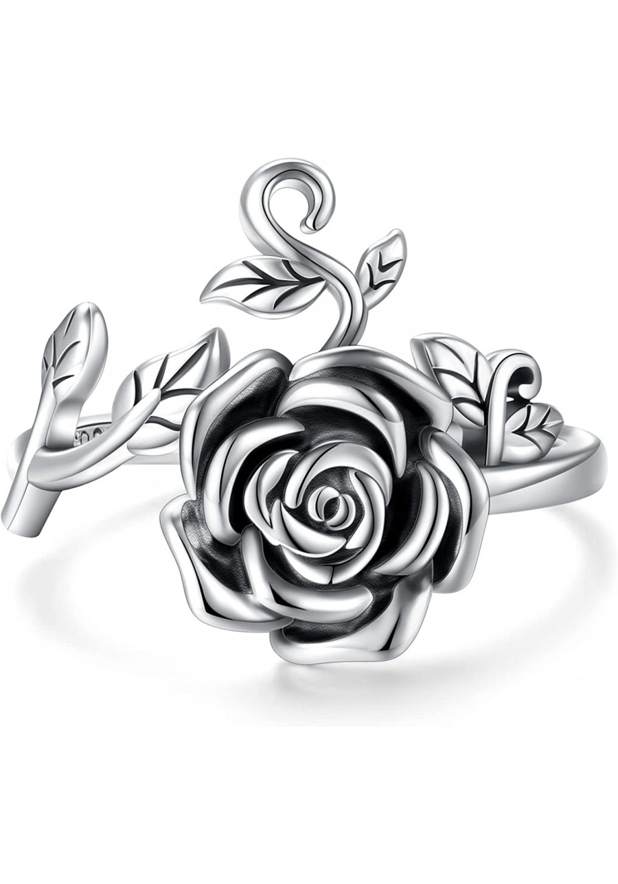 S925 Sterling Silver Flower Rings Rose Flower Open Ring 3D Rose Shape Adjustable Ring Jewelry for Women Teen $17.54 Statement