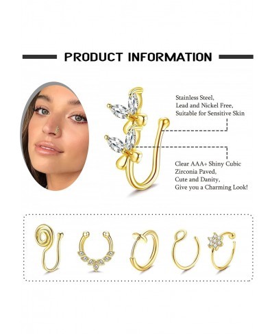 Fake Nose Ring Non Piercing Septum Nose Rings with Chain Nose to Ear Chain with Tassel Butterfly Nose Cuff Faux Clip on Nose ...