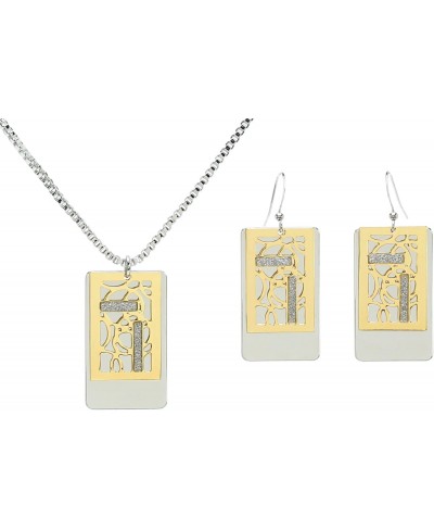 Geometric Rectangle Glitter Layered Silver and Gold Tone Metal Necklace Earrings Set $12.84 Jewelry Sets