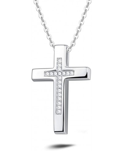 White Gold Plated 925 Sterling Silver CZ Cubic Zirconia Double Cross Crucifix Pendant Necklace For Women Girls 18" Silver Cha...