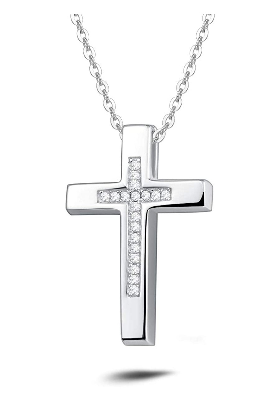 White Gold Plated 925 Sterling Silver CZ Cubic Zirconia Double Cross Crucifix Pendant Necklace For Women Girls 18" Silver Cha...