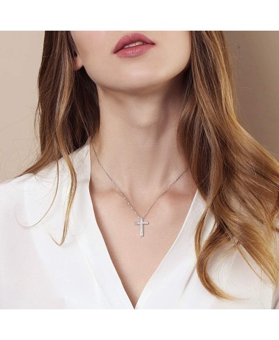 White Gold Plated 925 Sterling Silver CZ Cubic Zirconia Double Cross Crucifix Pendant Necklace For Women Girls 18" Silver Cha...