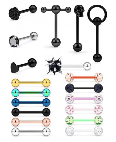 19PCS 14G Surgical Steel Tongue Rings Assorted Teaser Double Barbell with Slave Ring Body Piercing Jewelry for Women Men CZ/S...