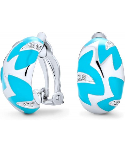 Geometric Simulated Turquoise Blue Enamel Zig Zag Half Hoop Clip On Earrings For Women Silver Plated Brass $19.77 Clip-Ons