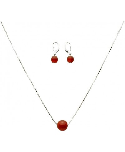 Floating Round 10mm Carnelian Stone Station Sterling Silver Box Chain Necklace Adjustable Earrings $18.70 Jewelry Sets