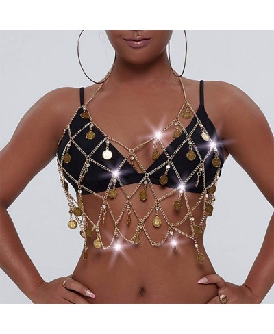 Fashion Coin Bra Chain Gold Crystal Bikini Body Chains Sexy Tassel Top Chain Nightclub Rave Beach Body Jewelry for Women and ...