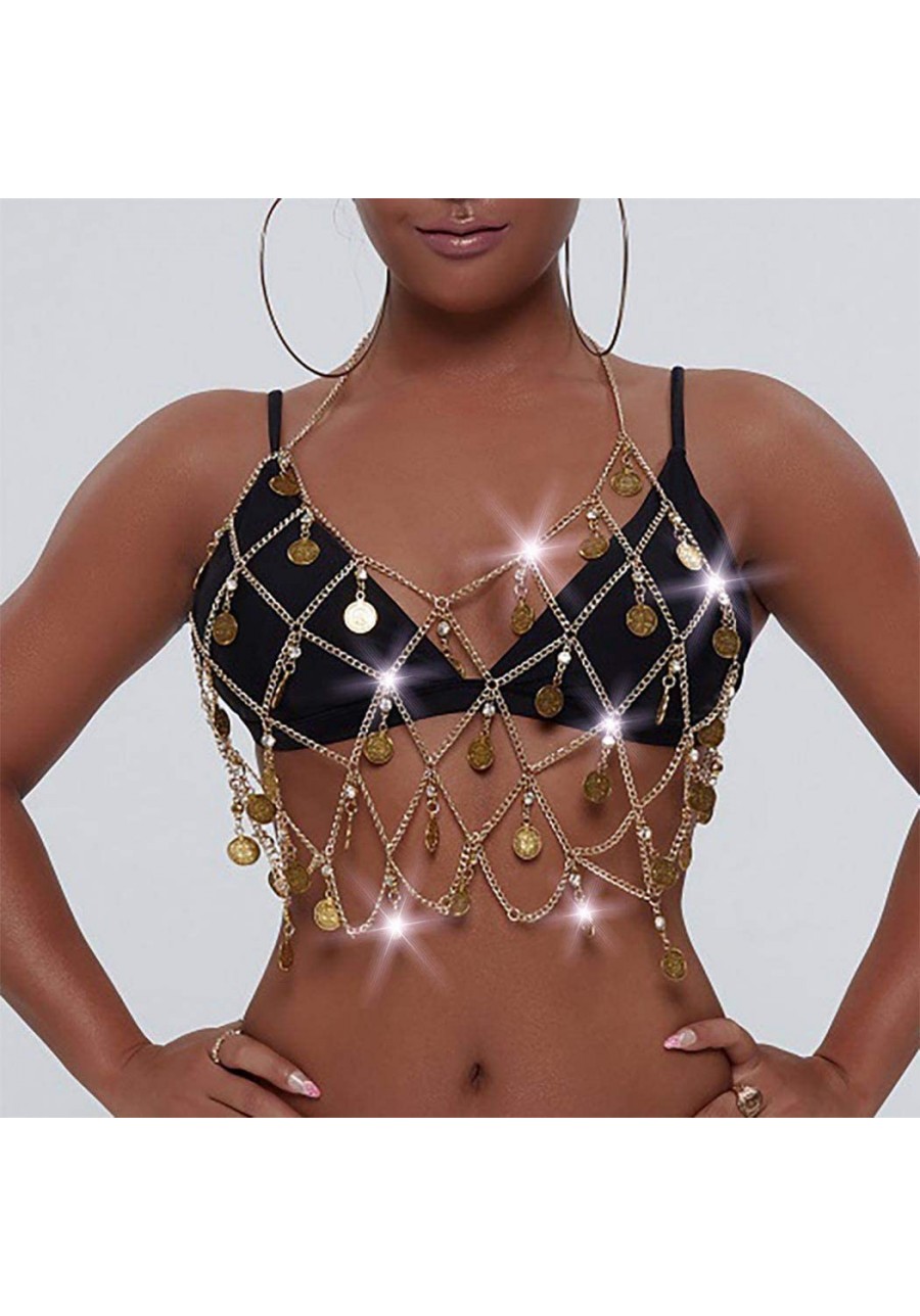 Fashion Coin Bra Chain Gold Crystal Bikini Body Chains Sexy Tassel Top Chain Nightclub Rave Beach Body Jewelry for Women and ...