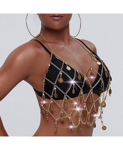 Fashion Coin Bra Chain Gold Crystal Bikini Body Chains Sexy Tassel Top Chain Nightclub Rave Beach Body Jewelry for Women and ...