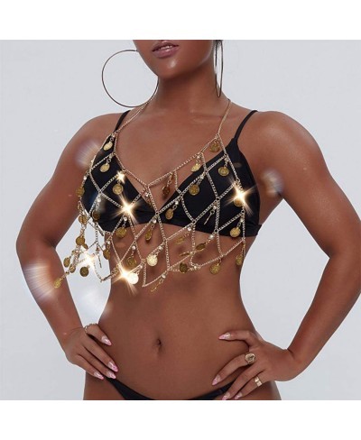 Fashion Coin Bra Chain Gold Crystal Bikini Body Chains Sexy Tassel Top Chain Nightclub Rave Beach Body Jewelry for Women and ...