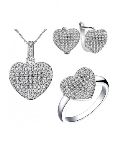 Fashion Pave AAA Cubic Zirconia Love Heart Shape Pendant Necklace Clip On Earrings and Ring Wedding Jewelry Sets for Women T0...