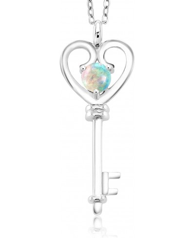 925 Sterling Silver Round Cabochon White Simulated Opal Heart Key Pendant Necklace For Women (0.50 Cttw With 18 Inch Silver C...