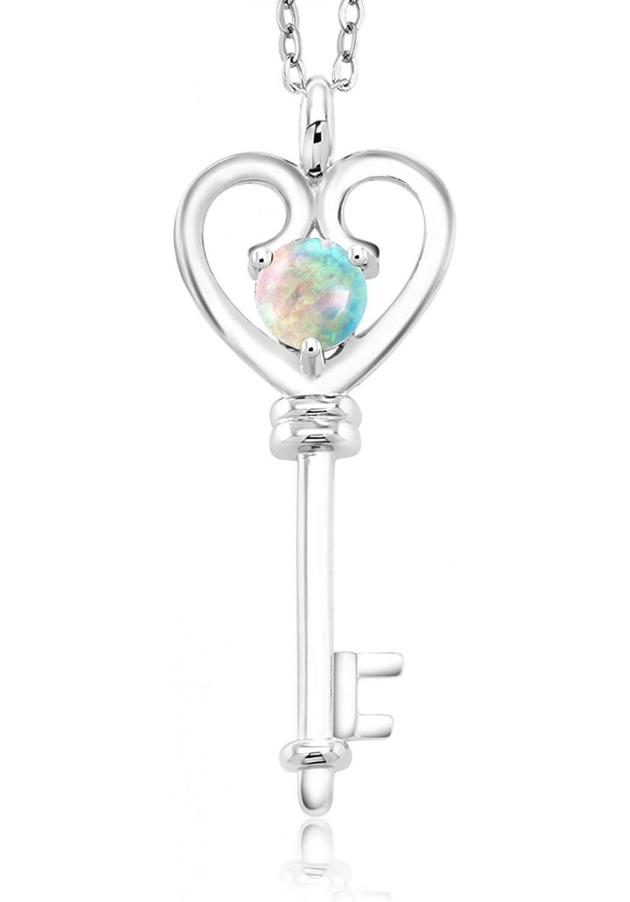 925 Sterling Silver Round Cabochon White Simulated Opal Heart Key Pendant Necklace For Women (0.50 Cttw With 18 Inch Silver C...