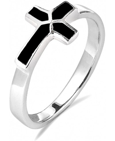 Sideways Cross Simulated Black Onyx Inlay .925 Sterling Silver Ring Classic Wedding Rings For Women Casual Comfort Fit Silver...