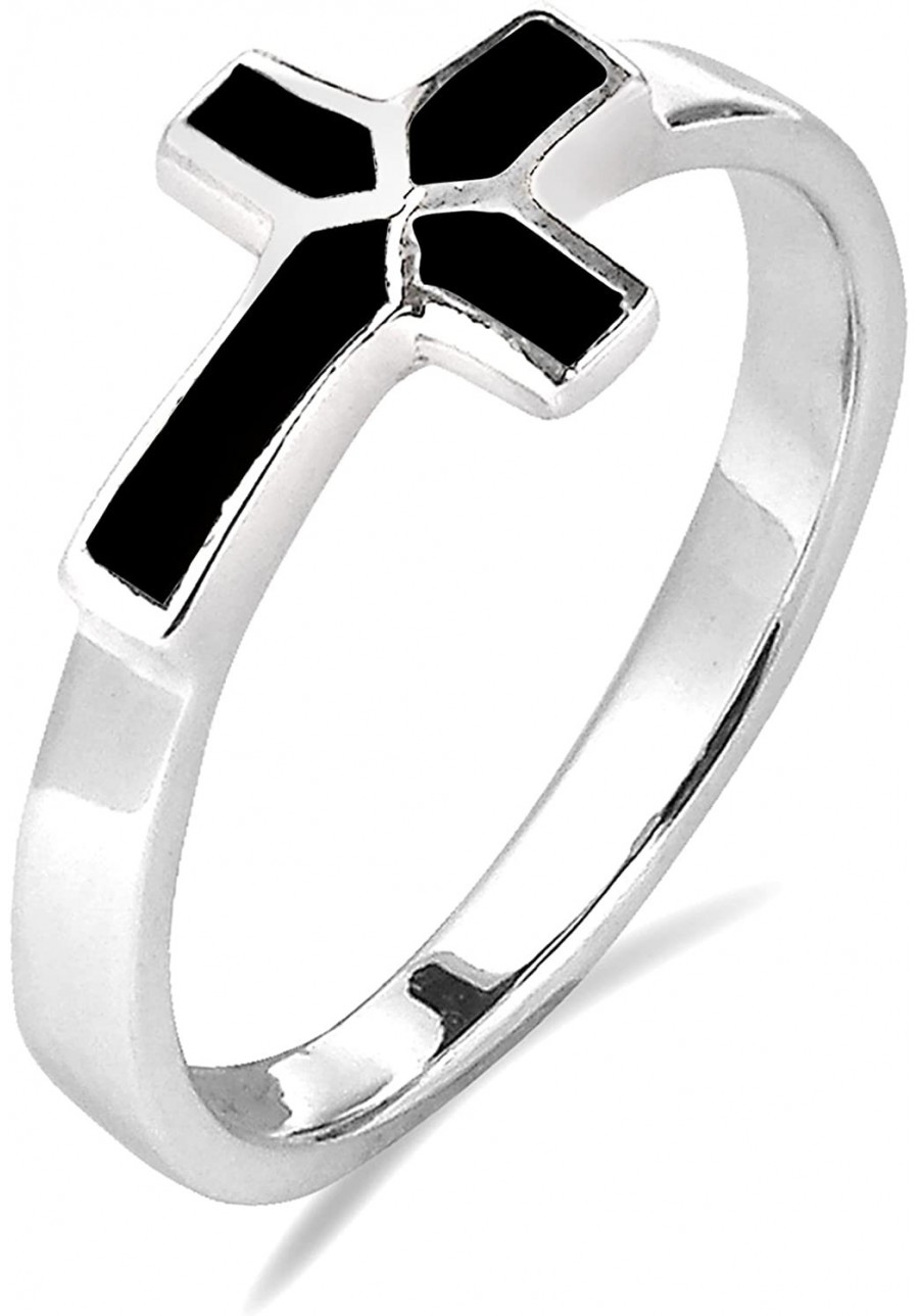 Sideways Cross Simulated Black Onyx Inlay .925 Sterling Silver Ring Classic Wedding Rings For Women Casual Comfort Fit Silver...