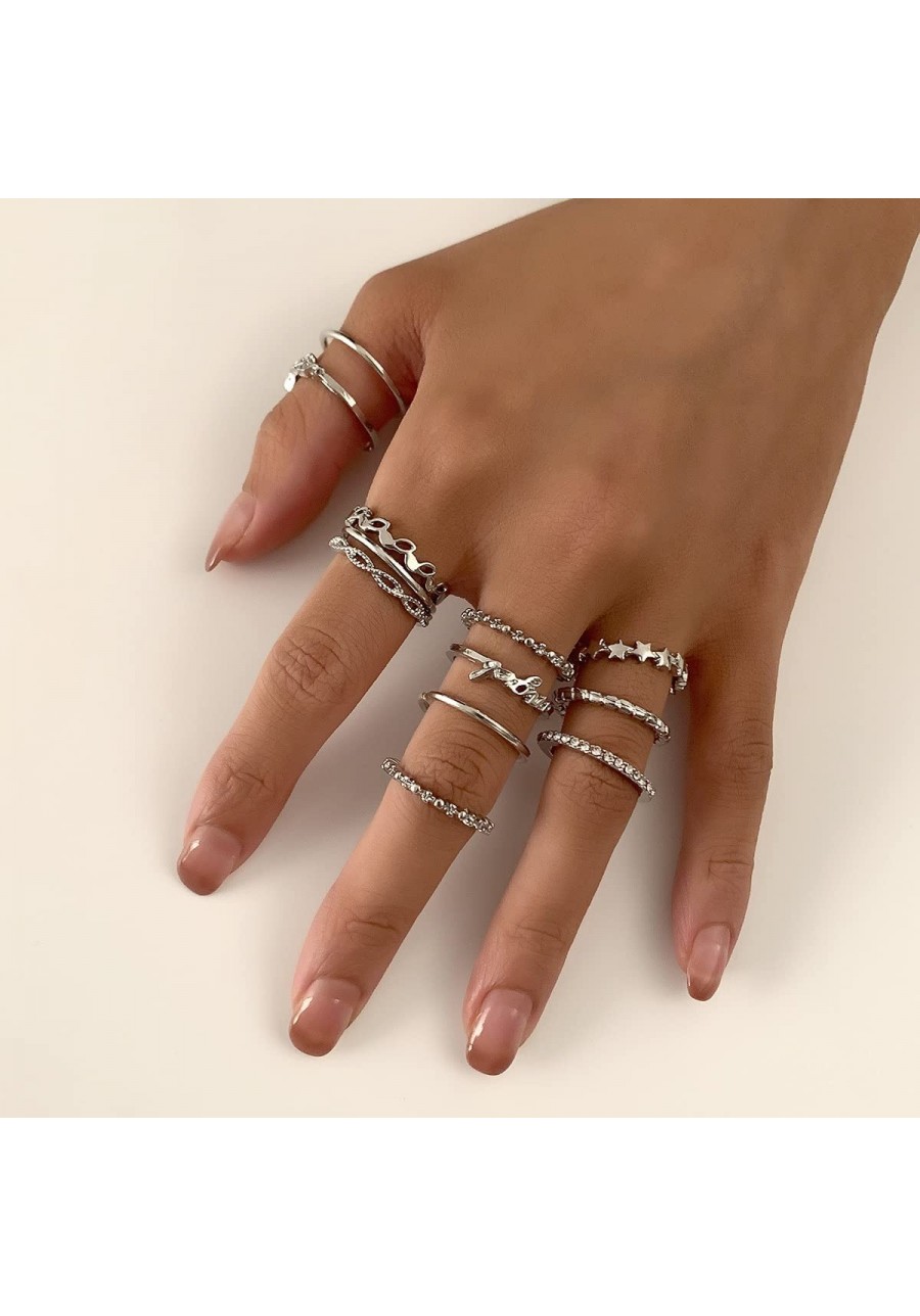 12Pcs Boho Silver Knuckle Rings Set for Women Rhinestone Stars Stackable Rings Joint Midi Finger Rings for Women Teen Girls (...