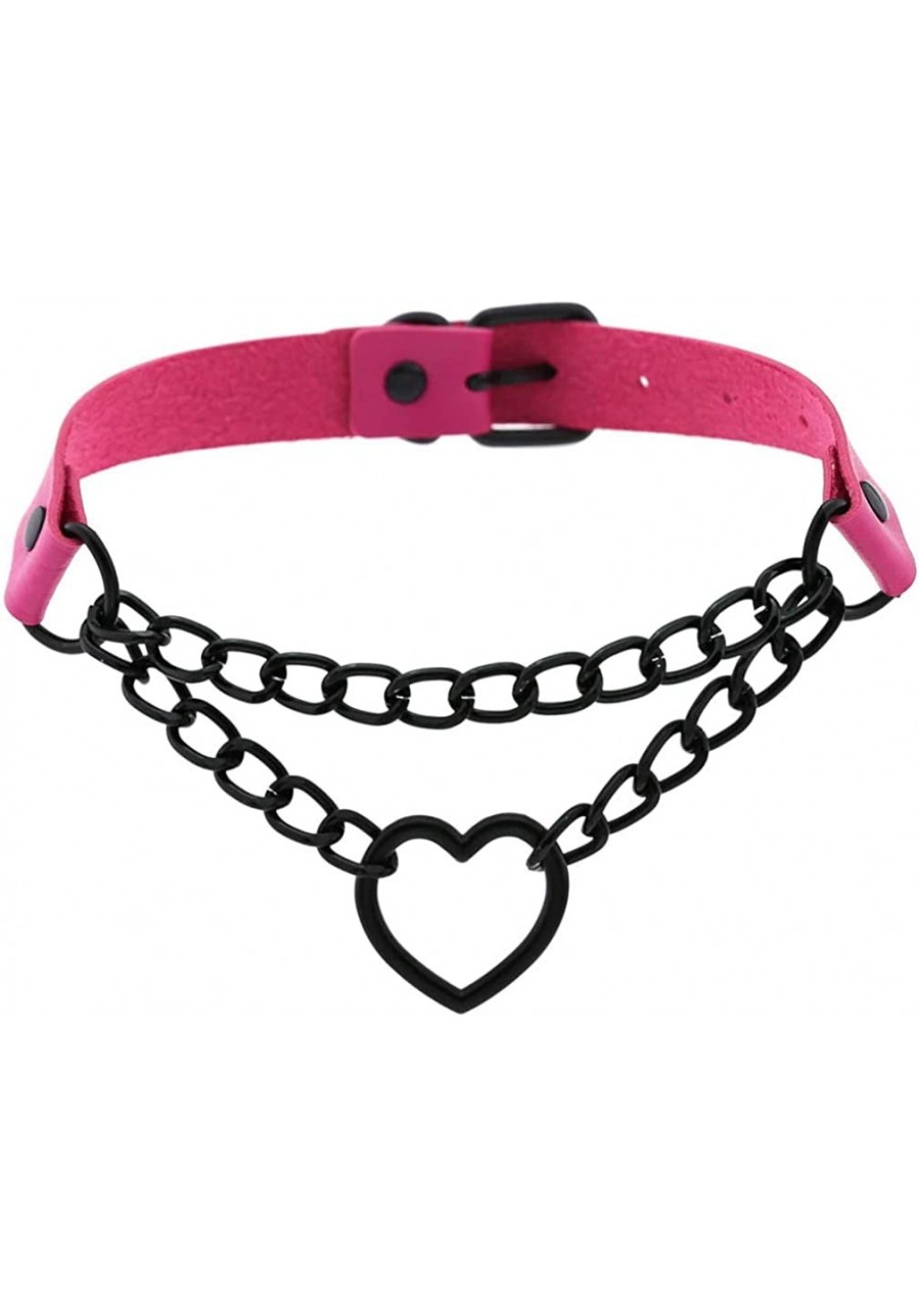 Fuchsia-on-Black Heart Chain & Pleather Choker/Collar Necklace [Punk E-Girl] [fits up to 17" neck] $17.77 Chokers