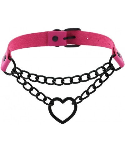 Fuchsia-on-Black Heart Chain & Pleather Choker/Collar Necklace [Punk E-Girl] [fits up to 17" neck] $17.77 Chokers