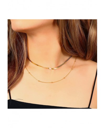 Gold Layered Necklace for Women-14K/18K Gold Plated Herringbone Pearl Paperclip CZ Solitaire Chain Necklace Multi Strand Laye...