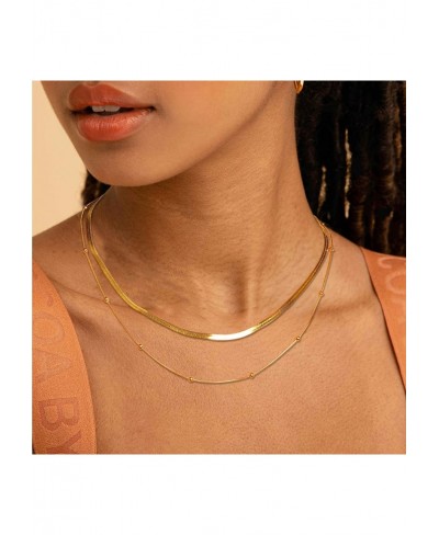 Gold Layered Necklace for Women-14K/18K Gold Plated Herringbone Pearl Paperclip CZ Solitaire Chain Necklace Multi Strand Laye...