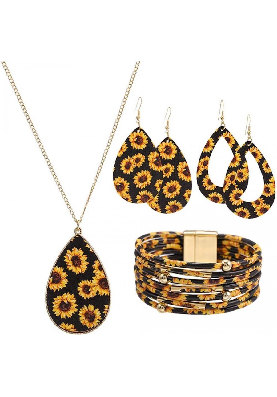4 Pieces/Set Sunflower Print Jewelry Set Faux Leather Leopard Bohemia Multi-Layer Bracelets Teardrop Dangle Earrings Sunflowe...