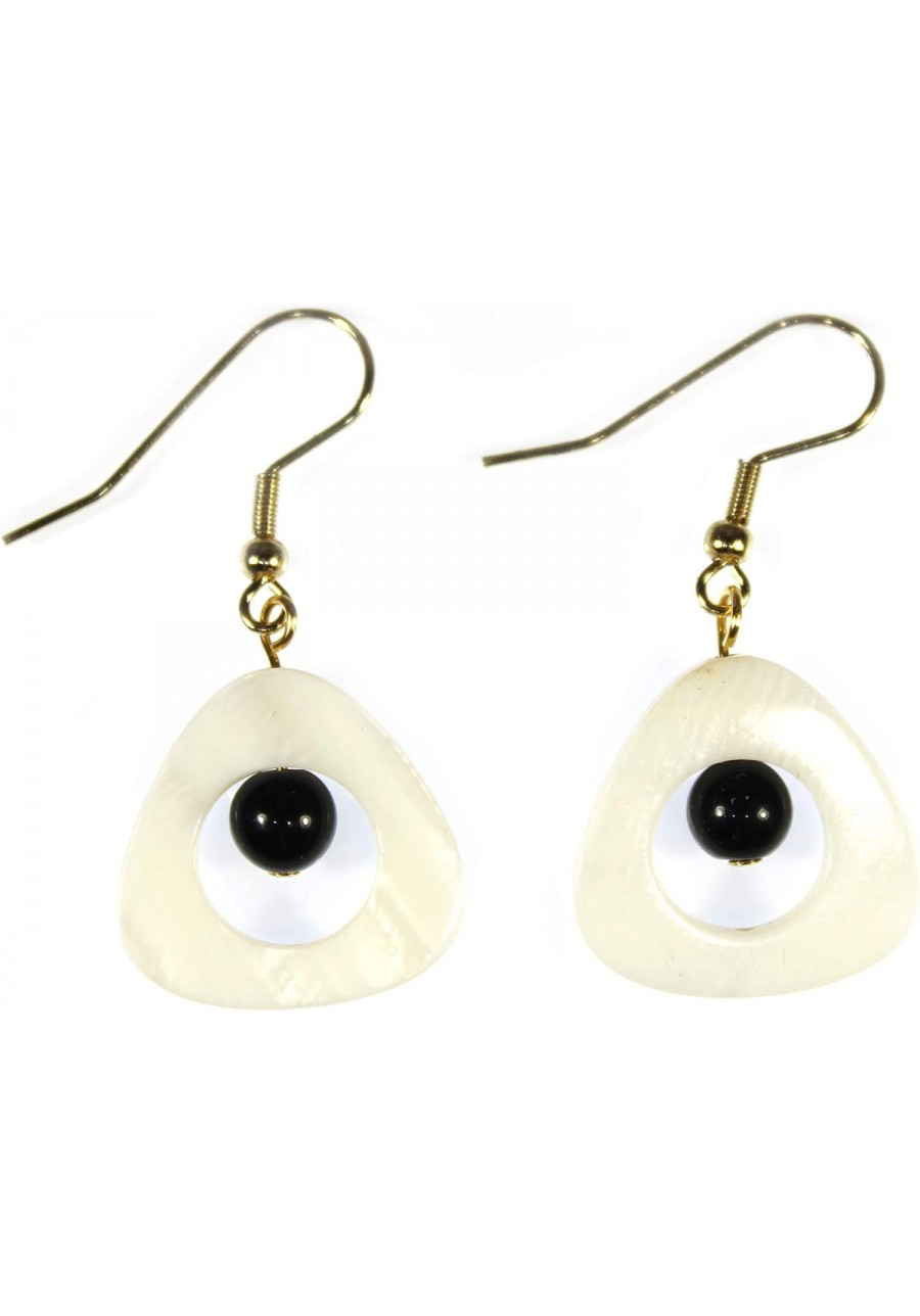 Black and White" White Mother-of-Pearl Hoop Earrings with Black Stone $15.58 Hoop