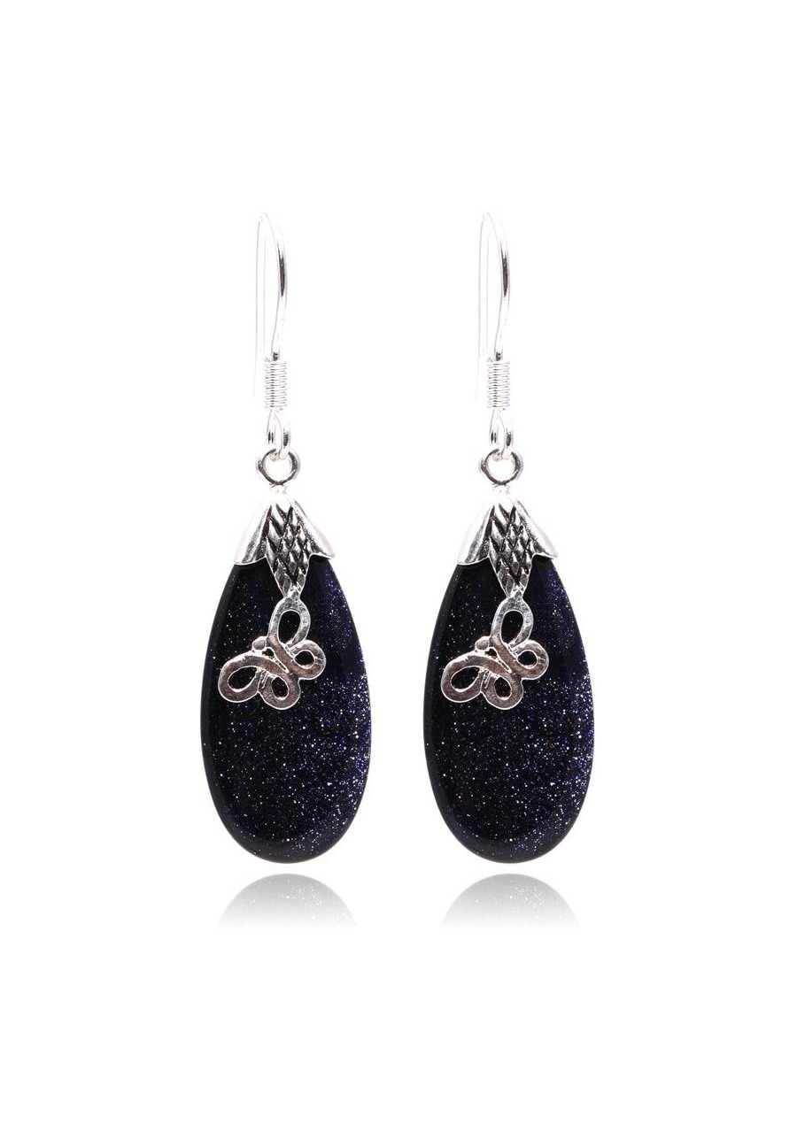 Earrings Blue Sandstone Gemstone Beads Drop Drip Tibetan Silver Dangle Stud Hoop Fashion Jewelry for Woman 12x30mm $11.40 Dro...