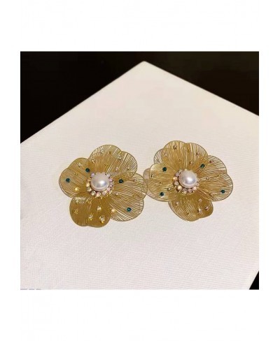 Big Flowers Earrings for Women Silver Post Pearl Alloy Sketch Flower Studs Gift for Lover $11.14 Stud