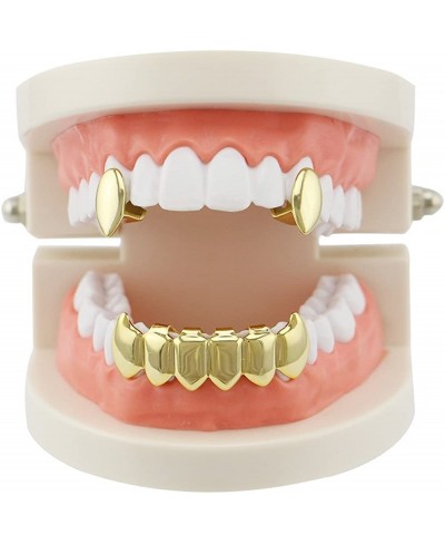 Gold Plated Shiny Hip Hop Teeth Grillz Caps Iced Out CZ Top and Bottom Vampire Fangs Grillz for Men and Women $17.37 Dental G...