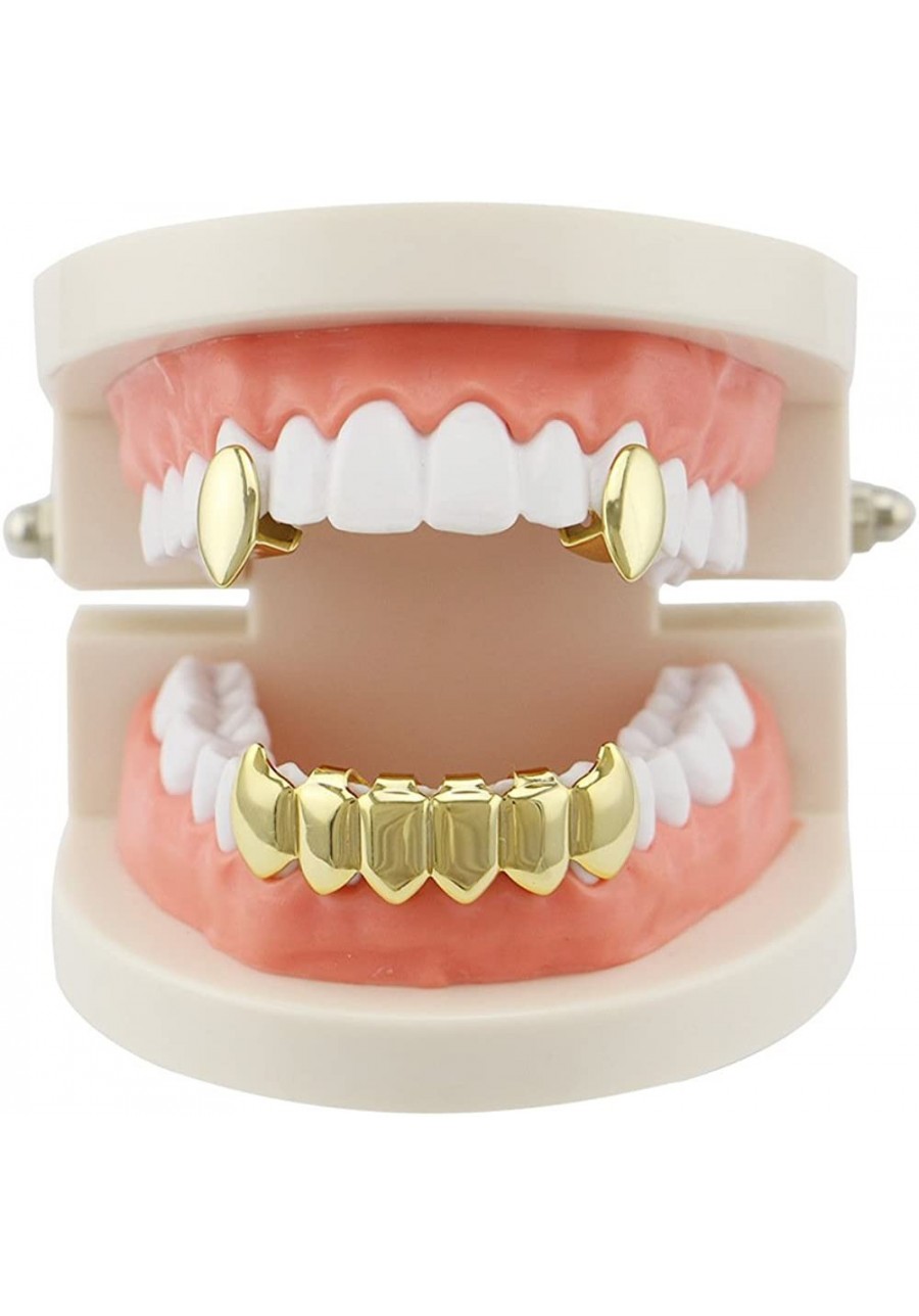 Gold Plated Shiny Hip Hop Teeth Grillz Caps Iced Out CZ Top and Bottom Vampire Fangs Grillz for Men and Women $17.37 Dental G...