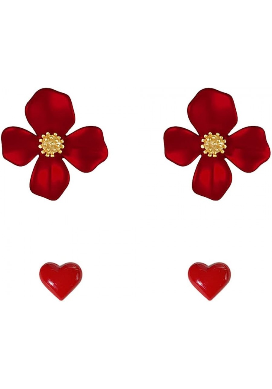 2 Pairs Red Rose Flower+Small Love Heart Stud Earrings $10.69 Stud