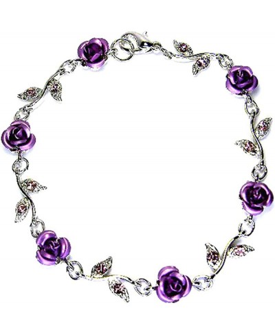 Women's Fashion Lilac Purple Austrian Crystal Metal Rose Link Flower Bracelet 6 1/2" with 2" Extender Chain $55.99 Link