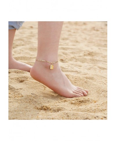 Initial Anklet 14k Gold Plated 4mm Figaro Chain Square Charm Ankle Bracelet 26 Letters Alphabets Friendship Jewelry Valentine...