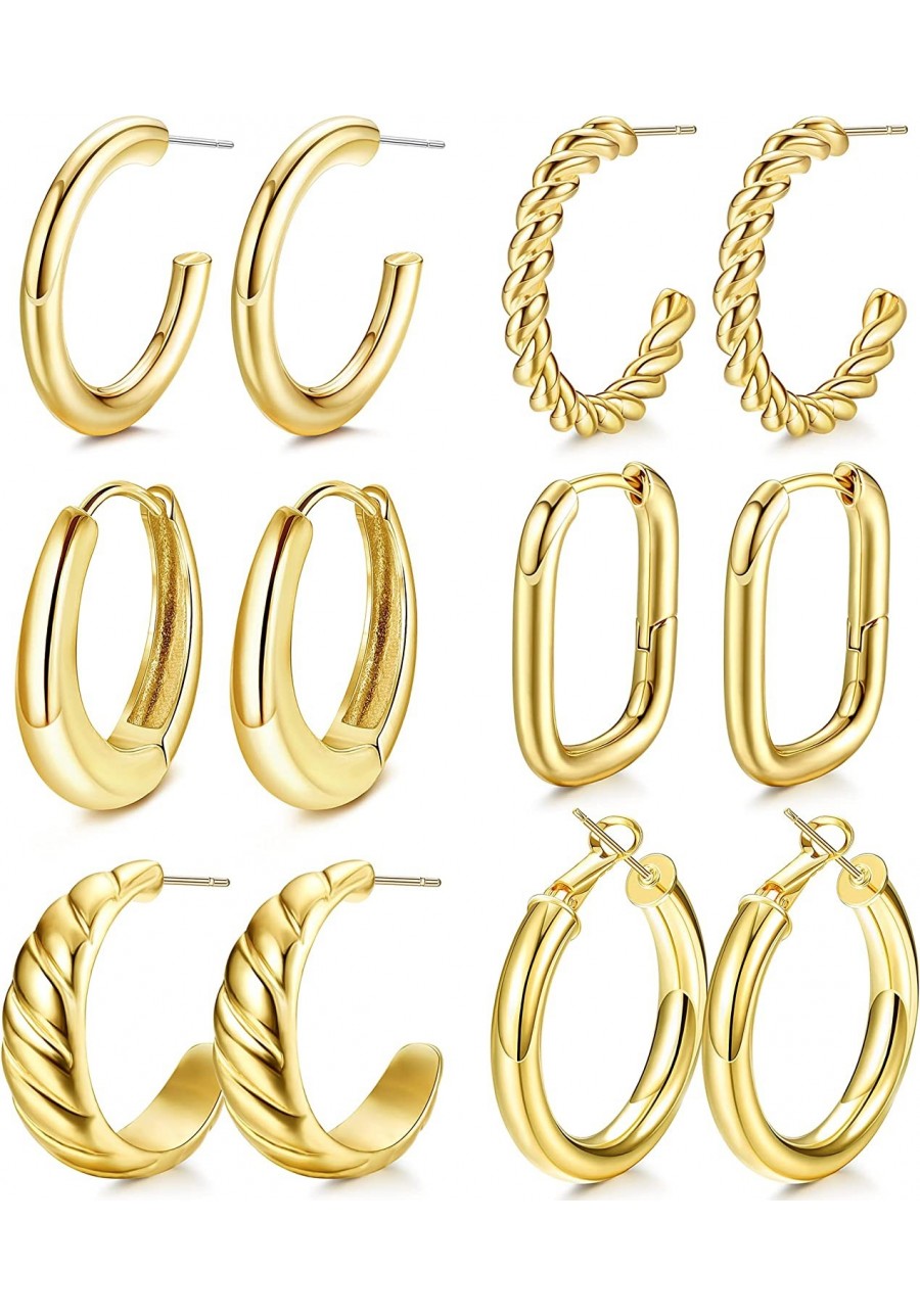 6 Pairs Gold Hoop Earrings Set for Women 14K Gold Plated Twisted Chunky Hoops Trendy Chain Earrings Lightweight Geometric Thi...