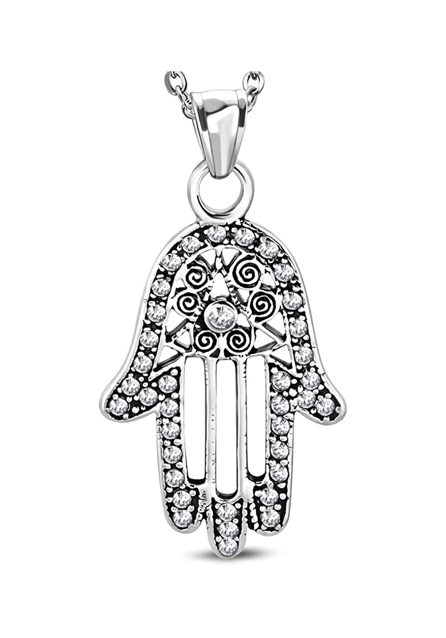 Stainless Steel Filigree Spiral Hand of Fatima/ Hamsa Charm Pendant w/ Clear CZ - BPC486 $15.00 Pendants & Coins