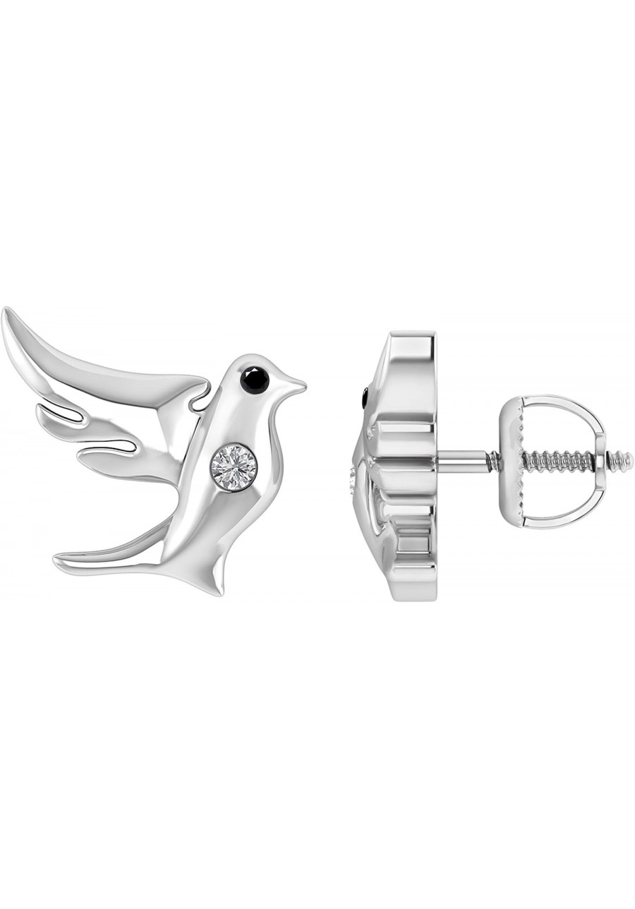 925 Sterling Silver 0.05 Carat (ctw) Bezel Set Round Cut Black & White Natural Diamond Flying Dove Stud Earrings For Women Gi...