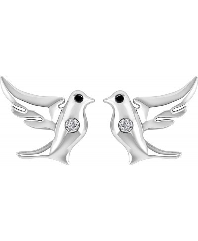 925 Sterling Silver 0.05 Carat (ctw) Bezel Set Round Cut Black & White Natural Diamond Flying Dove Stud Earrings For Women Gi...