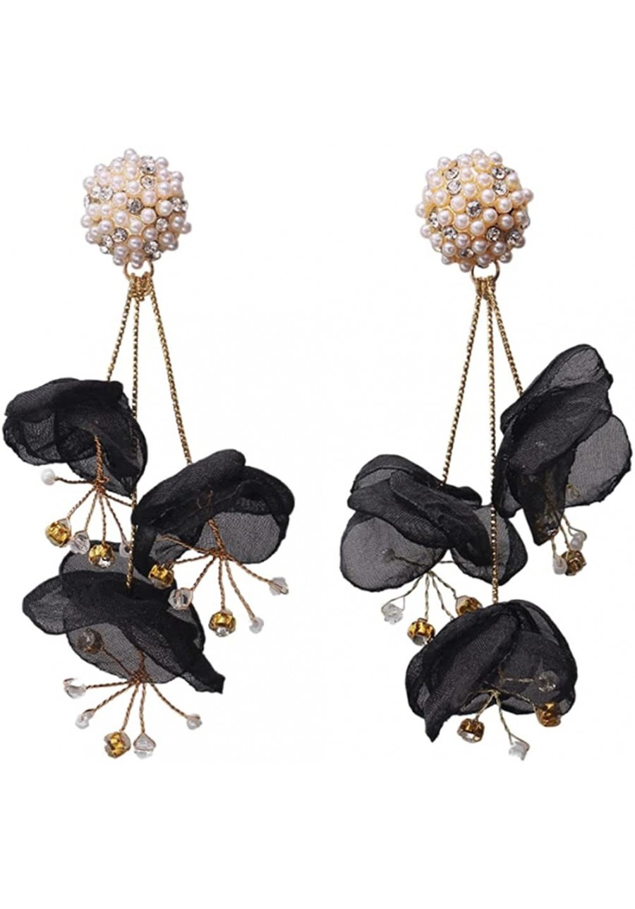 Bohemia Emulation Fabric Flower Earrings for Women Hand Made Lace Tassel Rhinestone Pearl Earrings Dangle $14.64 Drop & Dangle