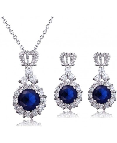 Crown Sapphire Jewelry Set Fashion Wedding Bridal Silver Swarovski Elements Blue Crystal Gemstone Pendant Necklace and Stud E...