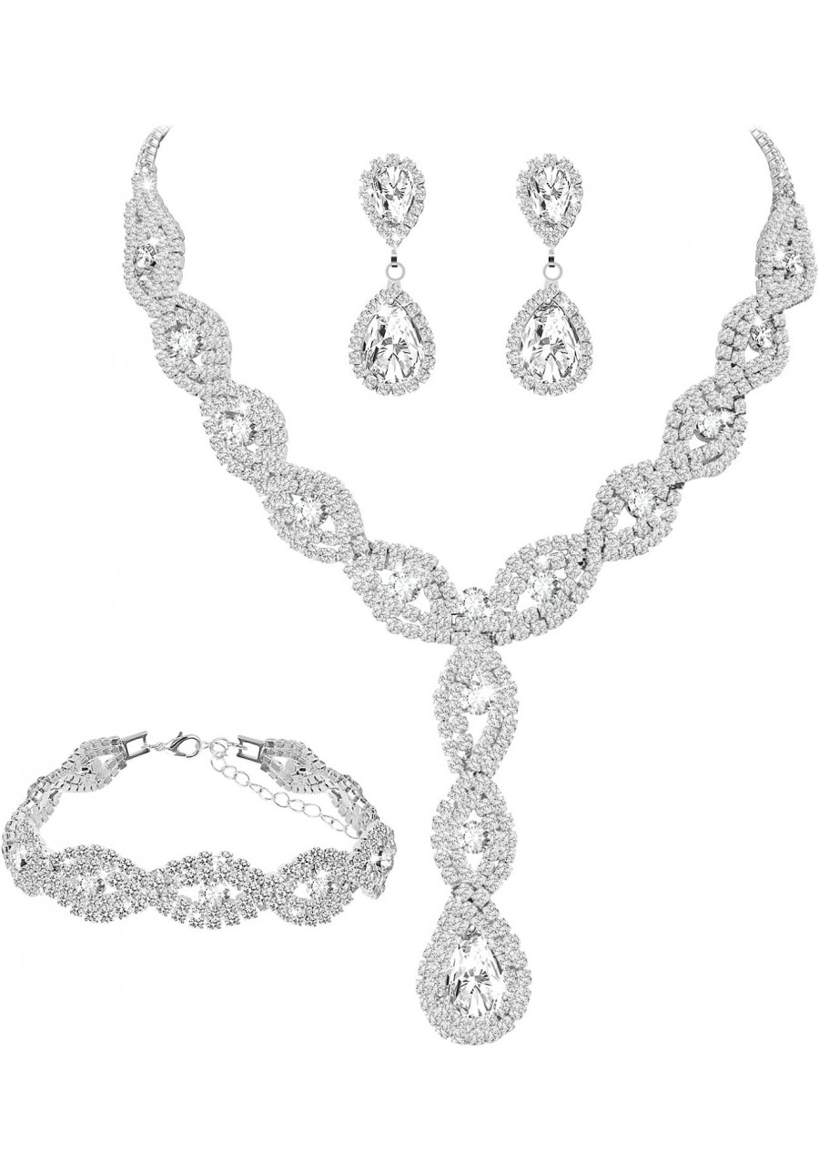 Women's Wedding Rhinestone Bride Jewelry Sets Evening Costume Jewelry ShinyCrystal Bridal Teardrop Dangle Necklace Bracelet D...
