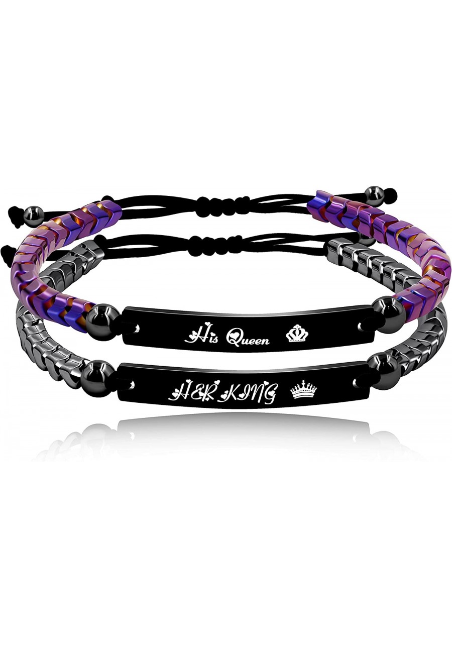 Handmade Gear Shape Hematite Beads Custom Engraved Name Bracelets for Men Women Couples Y1458 (BlackHerKing-PurpleHisQueen) $...