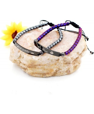Handmade Gear Shape Hematite Beads Custom Engraved Name Bracelets for Men Women Couples Y1458 (BlackHerKing-PurpleHisQueen) $...