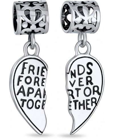 BFF Forever Words Best Friends Puzzle Two Piece Split Heart Shape Dangle Bead Charm Oxidized .925 Sterling Silver Fits Europe...