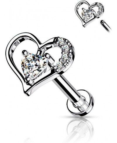 6mm Paved CZ Heart Top Internal Threaded Flat Back Lip Tragus Cartilage Piercing 16G - Clear $17.66 Piercing Jewelry