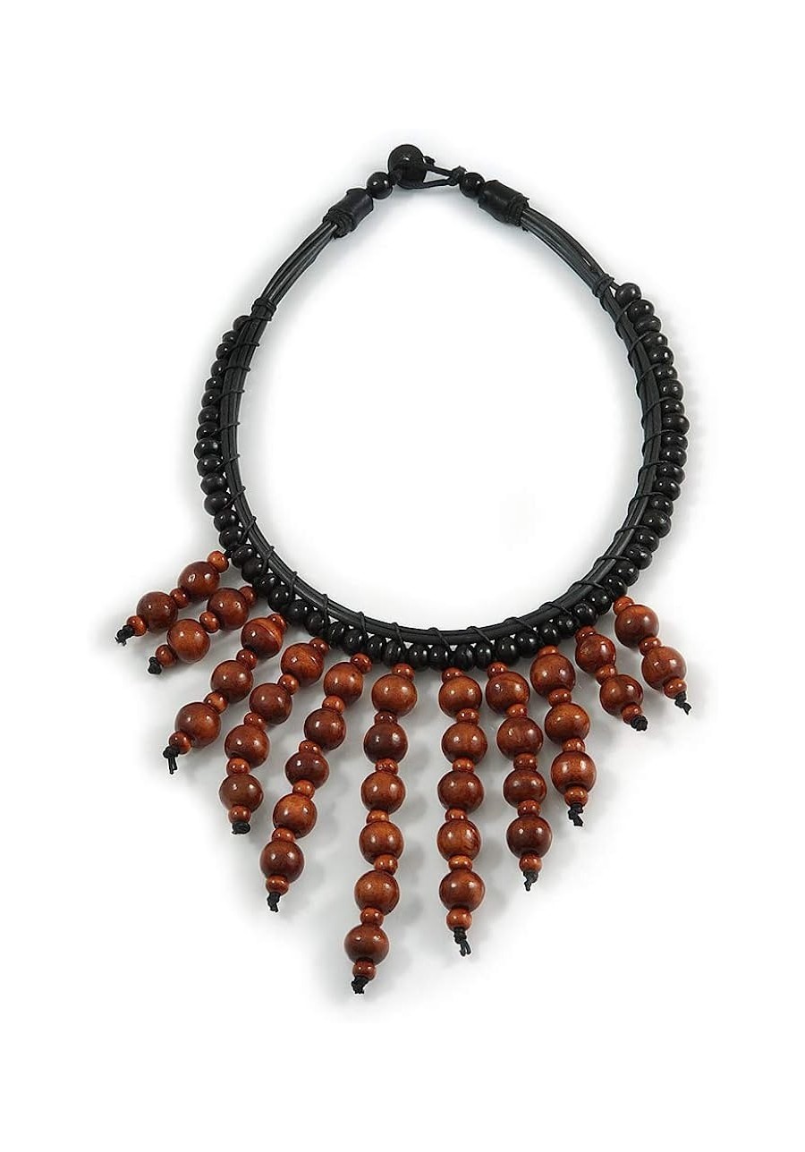 Statement Brown Wood Bead Fringe with Rubber Cord Necklace - 46cm L/ 11cm Front Drop $14.67 Chains