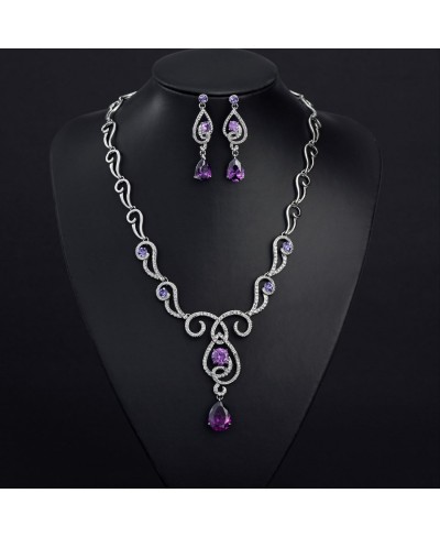 Purple Cubic Zirconia Teardrop Jewelry Set Necklace Earrings Wedding Bridal Women Jewelry embellished with Crystals from Swar...