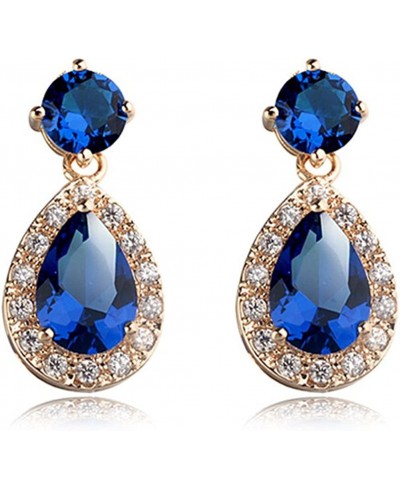 Rose Gold Plated Teardrop and Round Shaped Sapphire Blue Swarovski Elements Crystal Stud Earrings Fashion Jewelry for Women $...