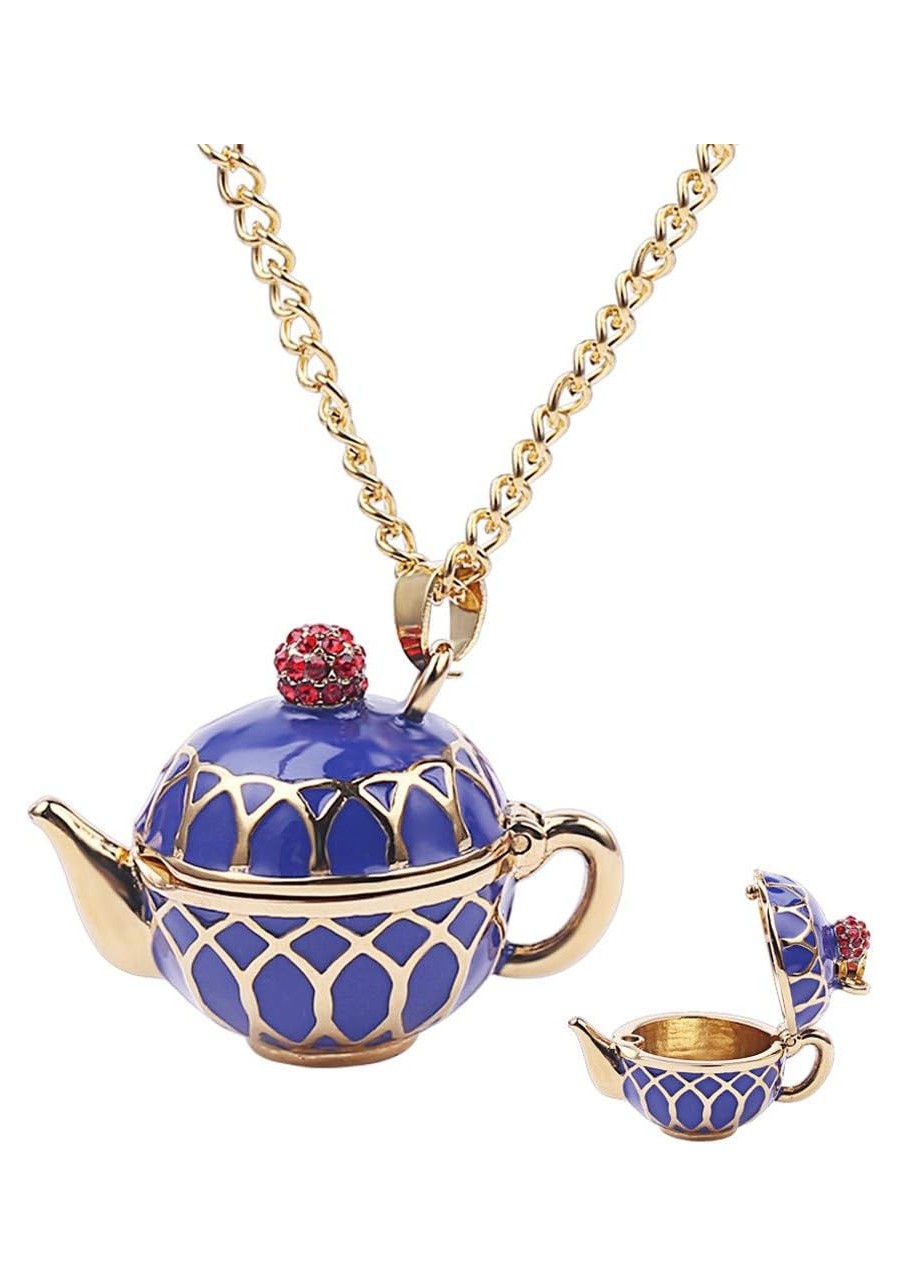 Enamel Stacked Tea Cup Teapot Pendant Long Chain Necklace Sweater Necklace Chain Statement Stud Earring Blue Necklace $11.87 ...