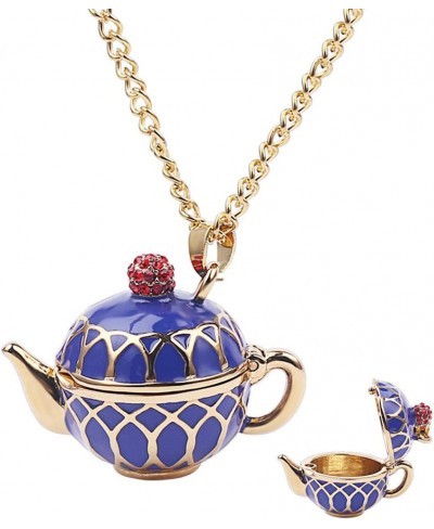 Enamel Stacked Tea Cup Teapot Pendant Long Chain Necklace Sweater Necklace Chain Statement Stud Earring Blue Necklace $11.87 ...